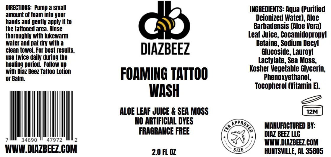 Diaz Beez Foaming Tattoo Wash label: Directions, ingredients, barcode, website address, and TSA approved logo.
