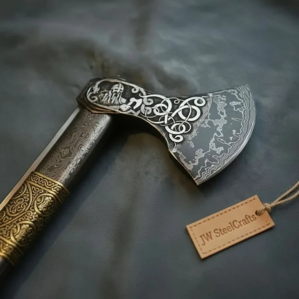 Hand Engraved Damascus Viking Axe with Carved Hardwood Handle and Matching Damascus Knife | Norse Collector Axe Set | JW SteelCrafts by JW SteelCrafts, Damascus knife detail