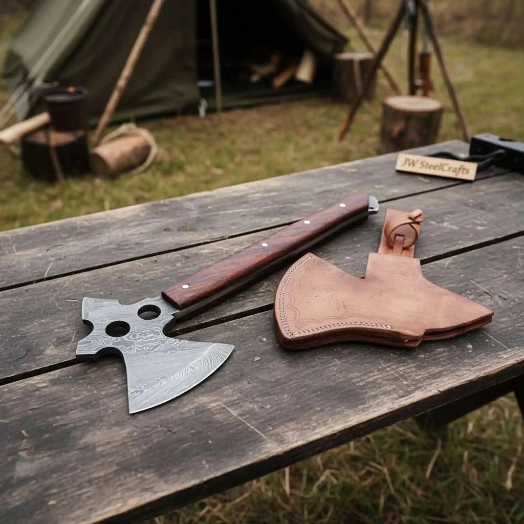 Full-Tang Damascus Camping Axe with Rosewood Handle Scales, Skeletonized Spine & Leather Sheath | JW SteelCrafts by JW SteelCrafts, leather knife sheath detail photo 2