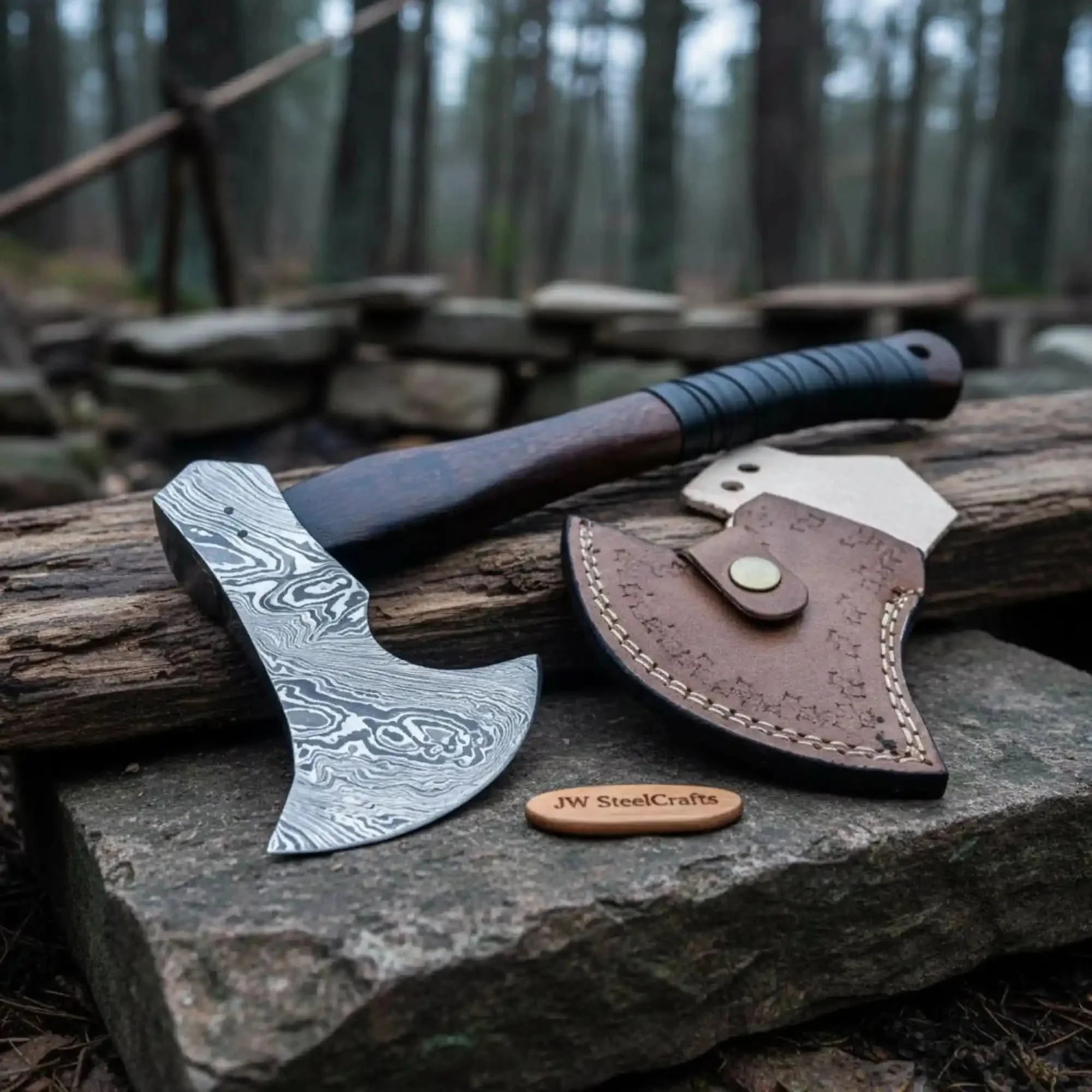 Hand Forged Damascus Steel Hatchet Hawks Tomahawk Axe Rose Wood by JW SteelCrafts, Southern lifestyle apparel main product photo