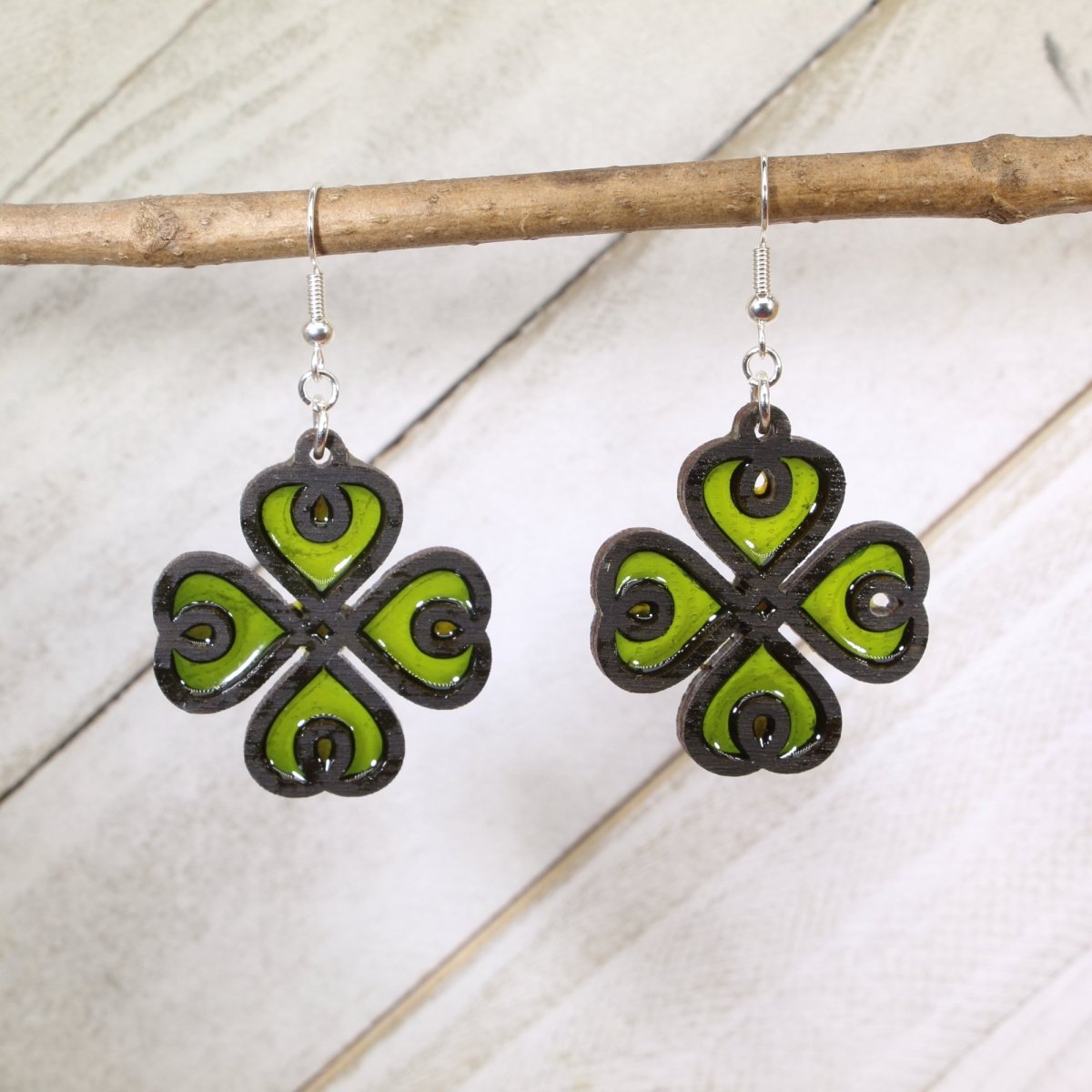 Four Leaf Clover Wood Resin Earrings | Irish Lucky Charm Jewelry