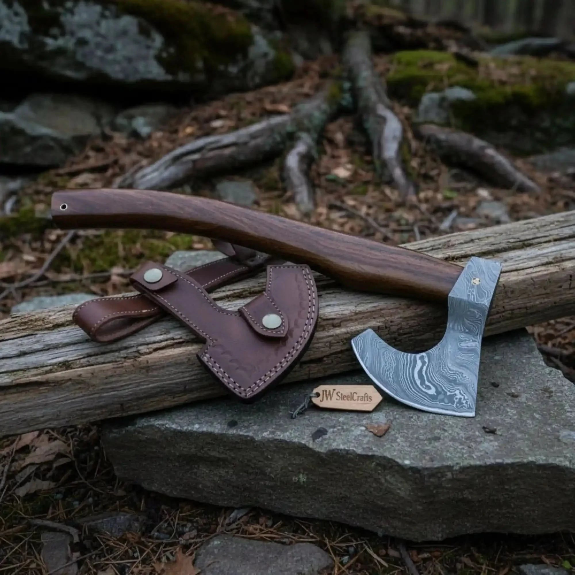 Damascus Camping Axe with Curved Rosewood Handle – Hand Forged Bushcraft Axe with Leather Sheath | JW SteelCrafts by JW SteelCrafts, leather knife sheath main product photo
