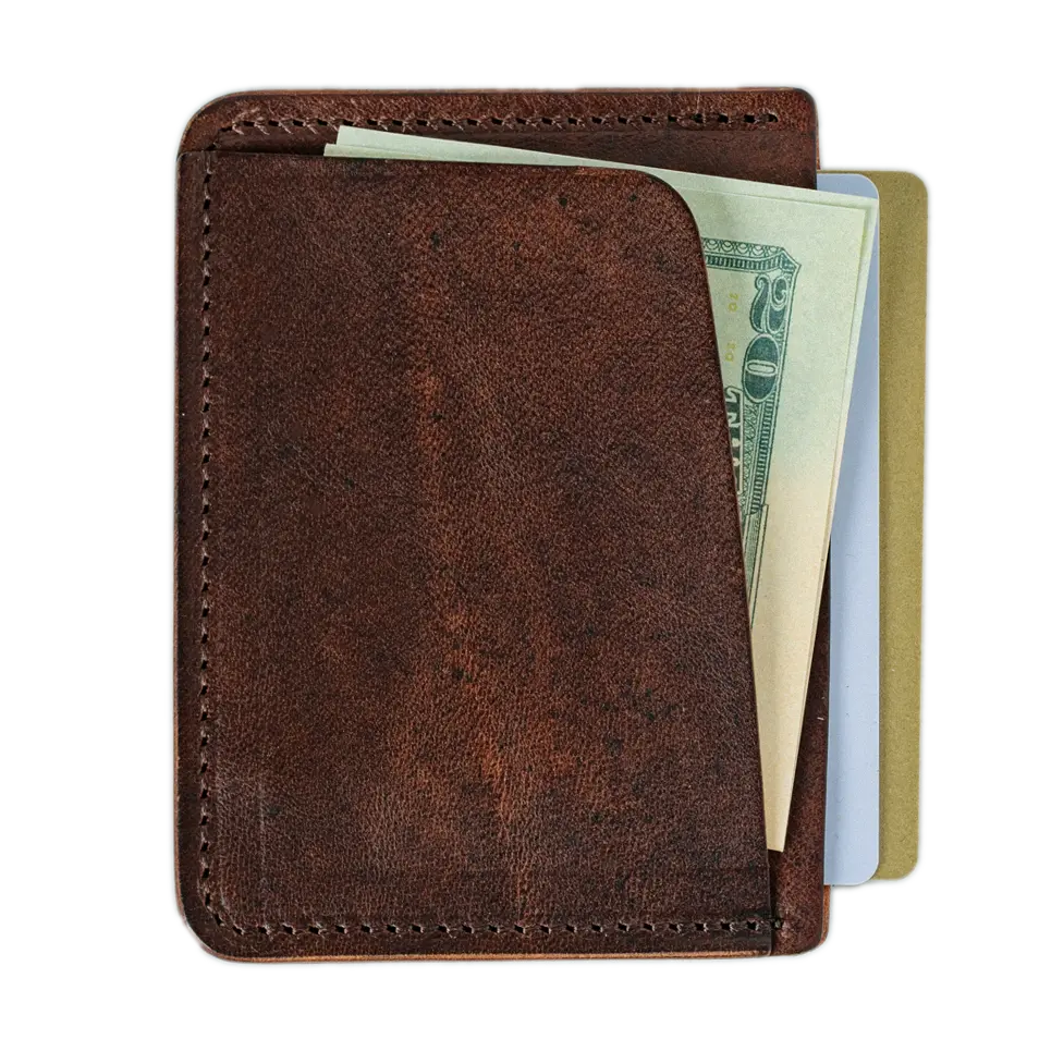 Cognac leather wallet with cards and cash in pockets; brown, rectangular card holder.