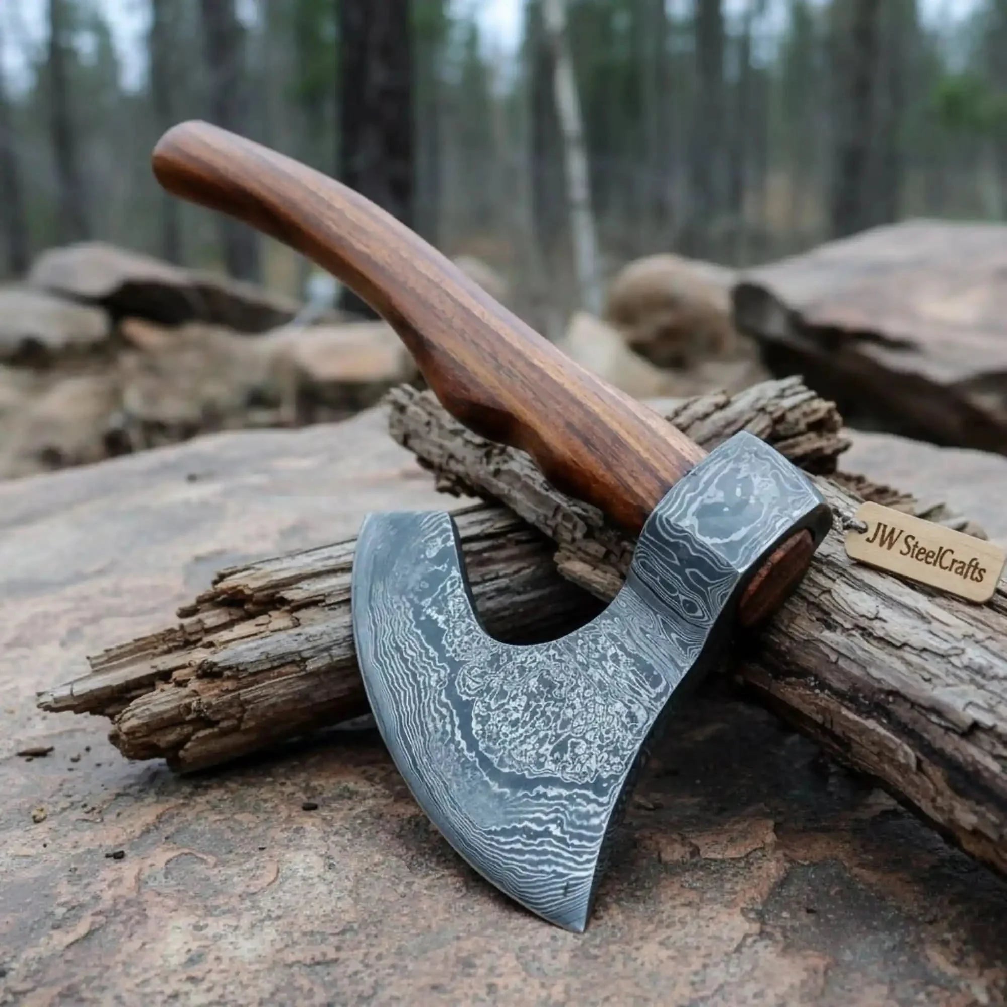 Damascus Steel Camp Axe with 19 Inch Rosewood Handle, Handmade Bushcraft Hatchet with Leather Sheath by JW SteelCrafts, leather knife sheath detail photo 2