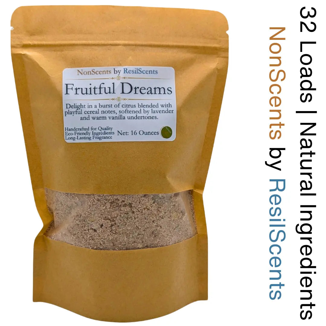 Pouch of NonScents Fruitful Dreams laundry detergent with citrus scent and natural ingredients visible through clear window.