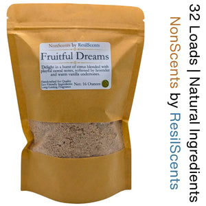Pouch of NonScents Fruitful Dreams laundry detergent with citrus scent and natural ingredients visible through clear window.