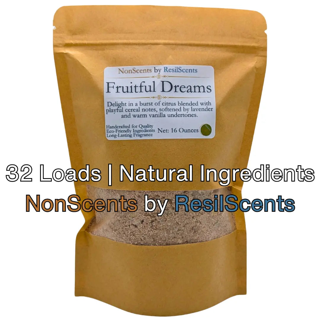 Pouch of Fruitful Dreams Laundry Detergent by NonScents by ResilScents with label, powder visible through clear section of bag.