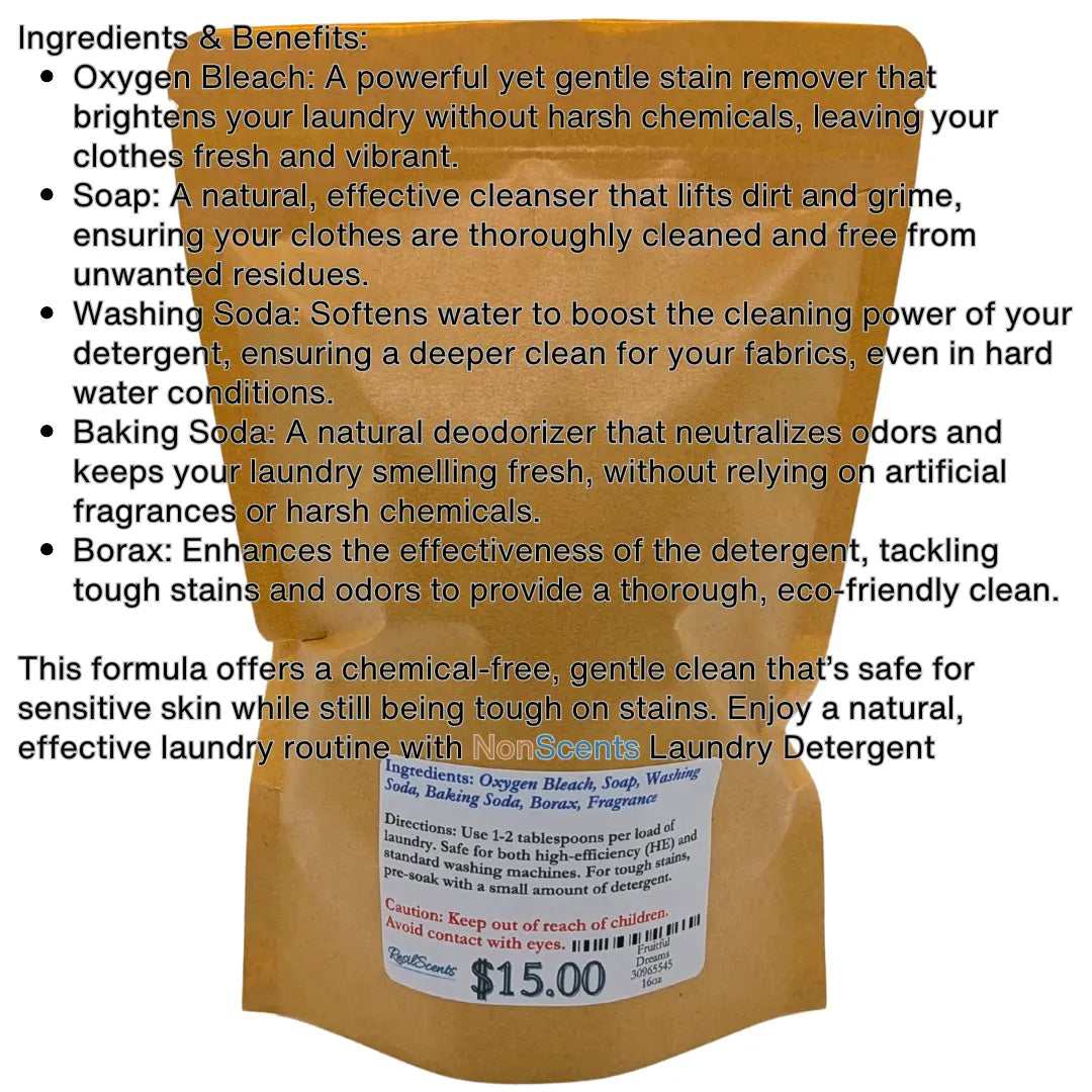 A bag of NonScents Laundry Detergent with listed ingredients: Oxygen Bleach, Soap, Washing Soda, Baking Soda, Borax, and Fragrance.