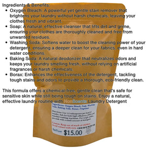 A bag of NonScents Laundry Detergent with listed ingredients: Oxygen Bleach, Soap, Washing Soda, Baking Soda, Borax, and Fragrance.