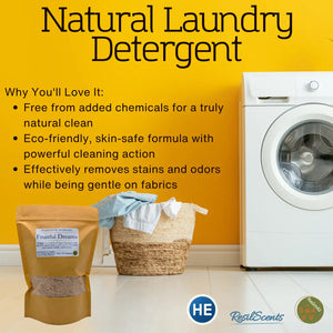 Natural laundry detergent, washing machine, and laundry basket with white clothes inside on a yellow background.