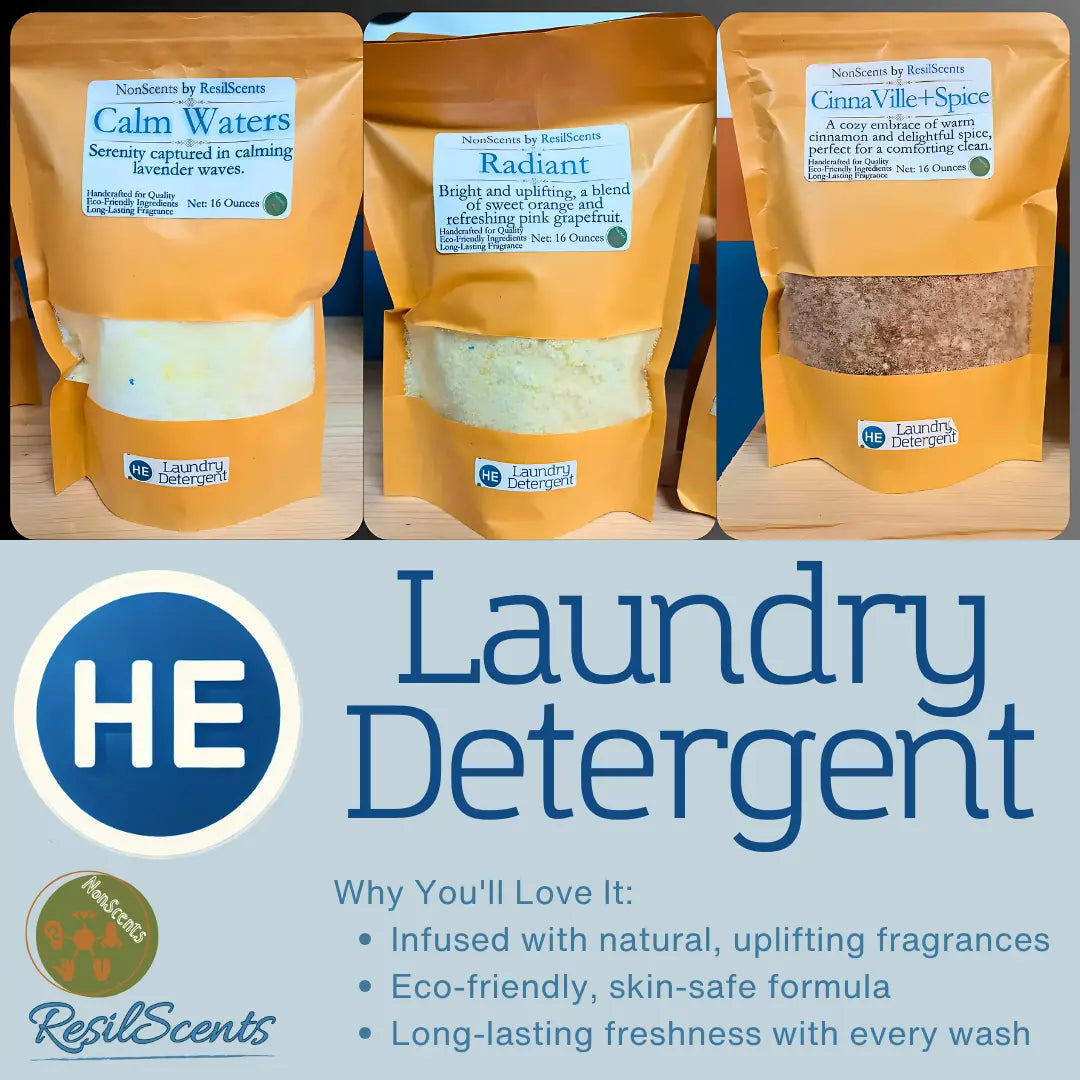 ResilScents laundry detergent: Calm Waters, Radiant, CinnaVille+Spice scents in yellow bags. HE laundry detergent.