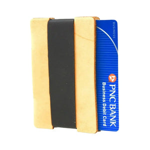 Leather card holder with black strap holding a bank card.