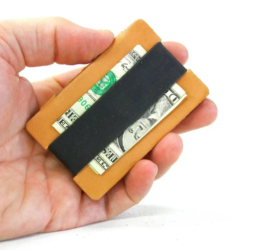 Full grain leather card wallet with silicone money clip holding cash