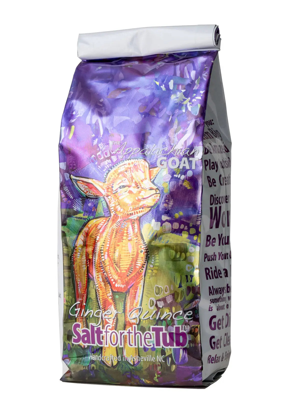 Bag of Ginger Quince bath salts featuring a colorful baby goat illustration.