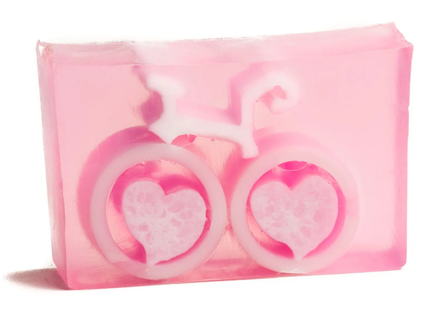 Pink clear soap slice with a white bicycle design with heart-shaped wheels.