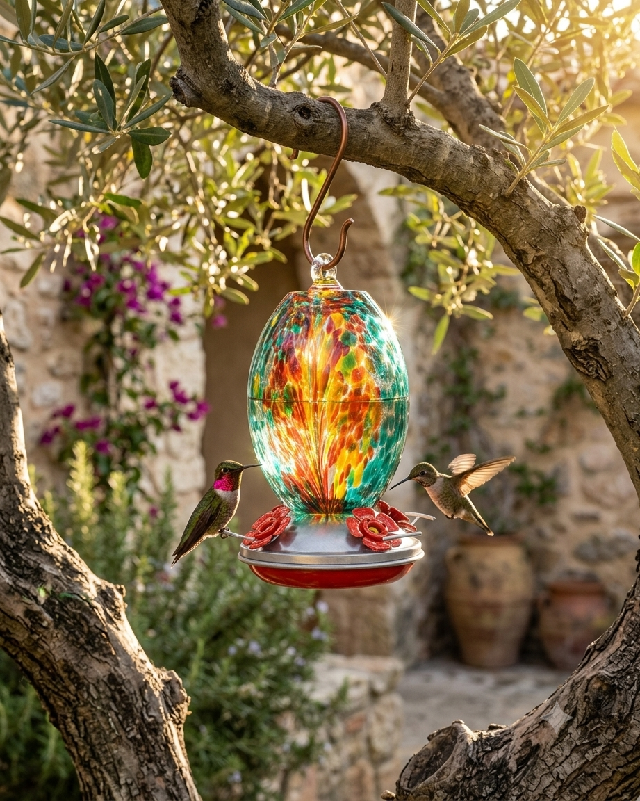 Fire and Ocean Olive glass hummingbird feeder by Mill Creek Products, detail image 4