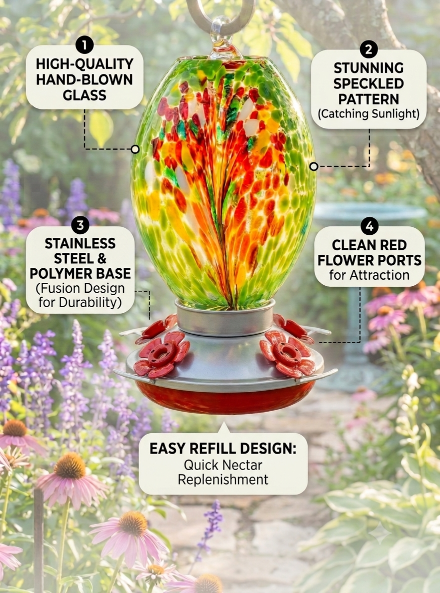 Meadow Confetti Olive glass hummingbird feeder by Mill Creek Products, detail image 8