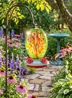 Meadow Confetti Olive glass hummingbird feeder by Mill Creek Products