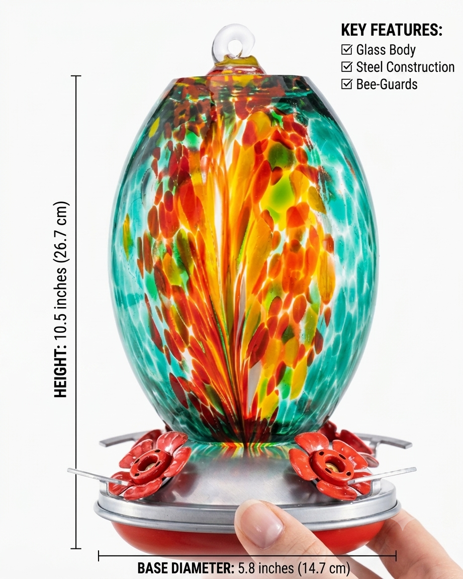Fire and Ocean Olive glass hummingbird feeder by Mill Creek Products, detail image 5