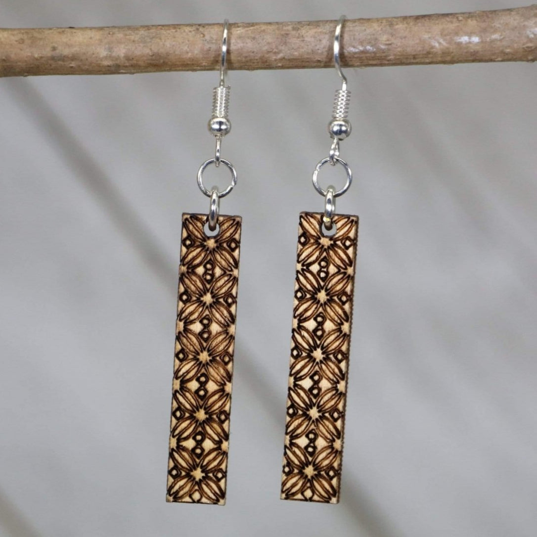 Geometric Floral Bar Wooden Dangle Earrings | Modern Jewelry