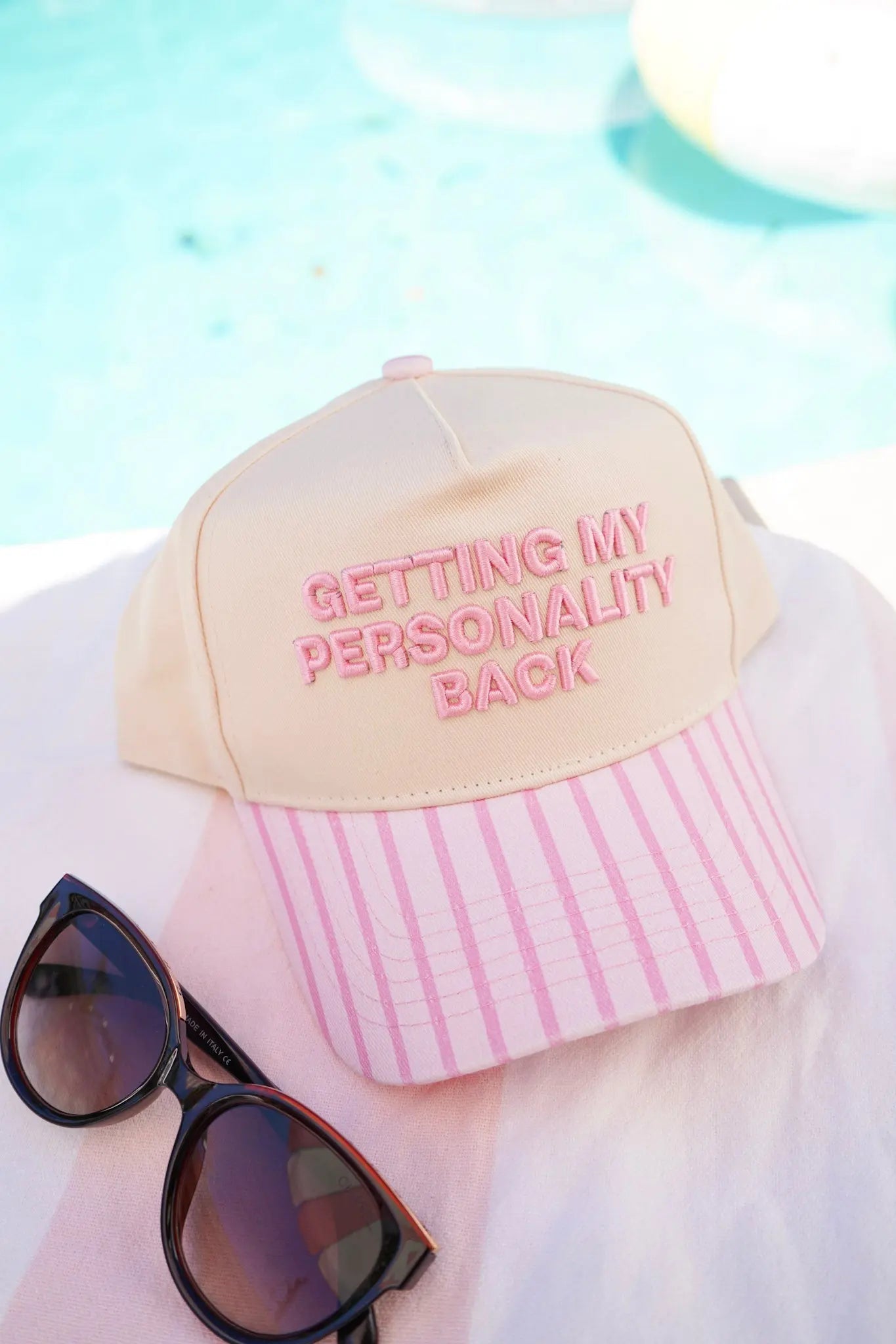 Getting my Personality Back - Pink Stripe Trucker Hat by KenzKustomz, Southern lifestyle apparel main product photo