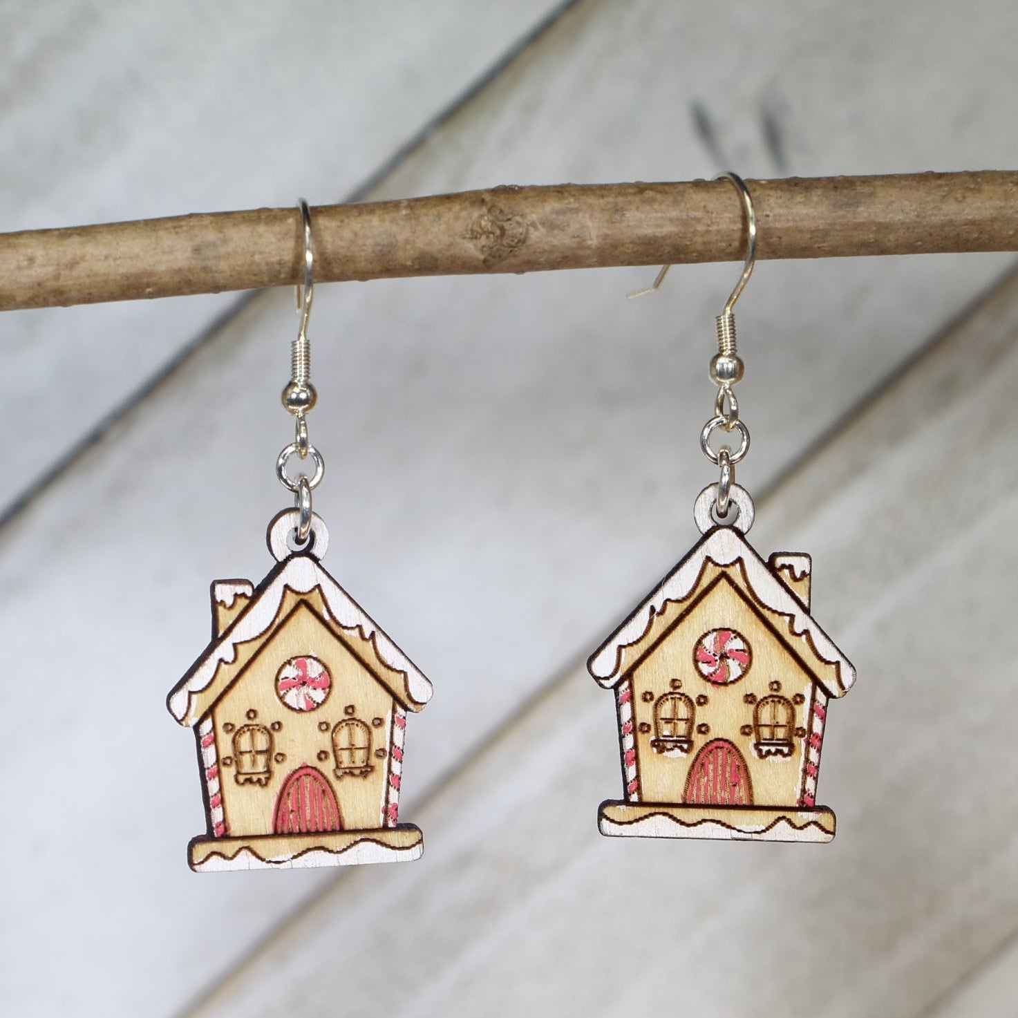 Gingerbread House Wooden Dangle Earrings | Christmas Holiday Jewelry