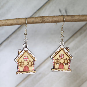 Gingerbread House Wooden Dangle Earrings | Christmas Holiday Jewelry