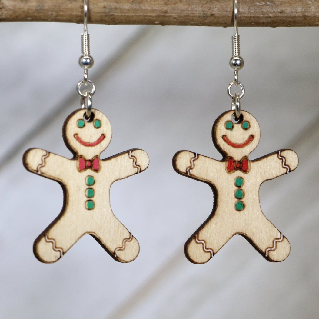 Gingerbread Man Wooden Dangle Earrings | Christmas Holiday Jewelry