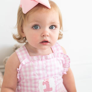 Girls Smocked First Birthday Longall by Seven Lantern Lane, children's boutique clothing detail photo 9