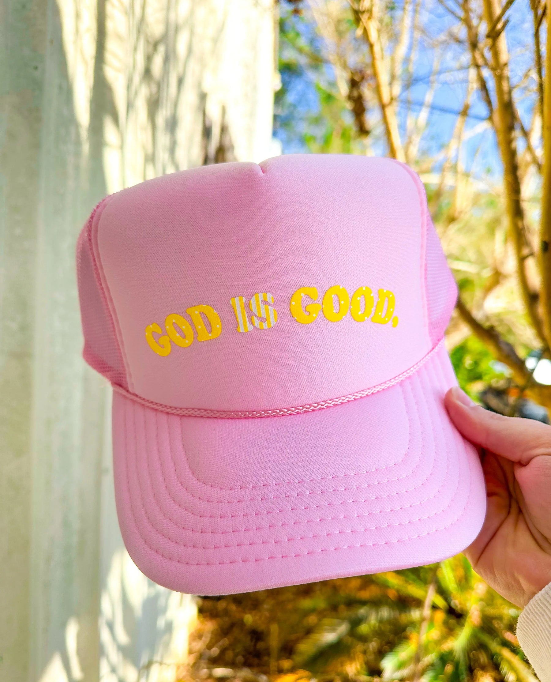 God is Good Light Pink Trucker Hat Southern Bliss Company