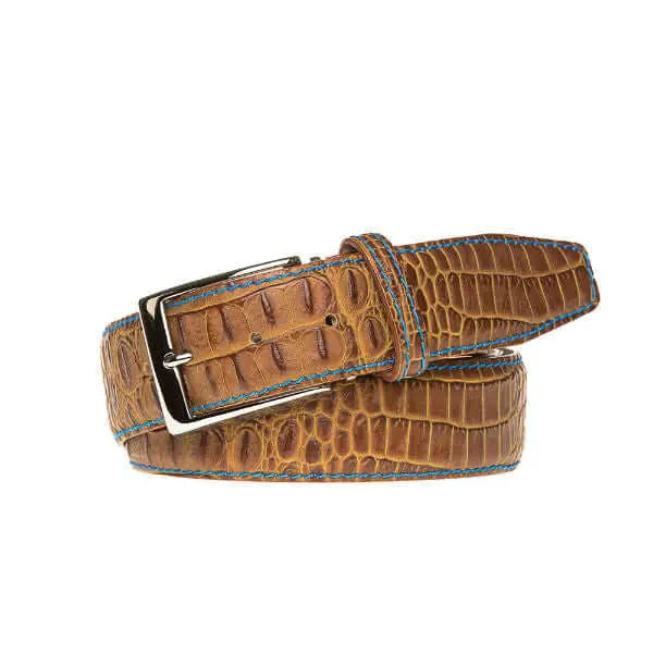 Close up of gold mock croc leather belt texture and stitching