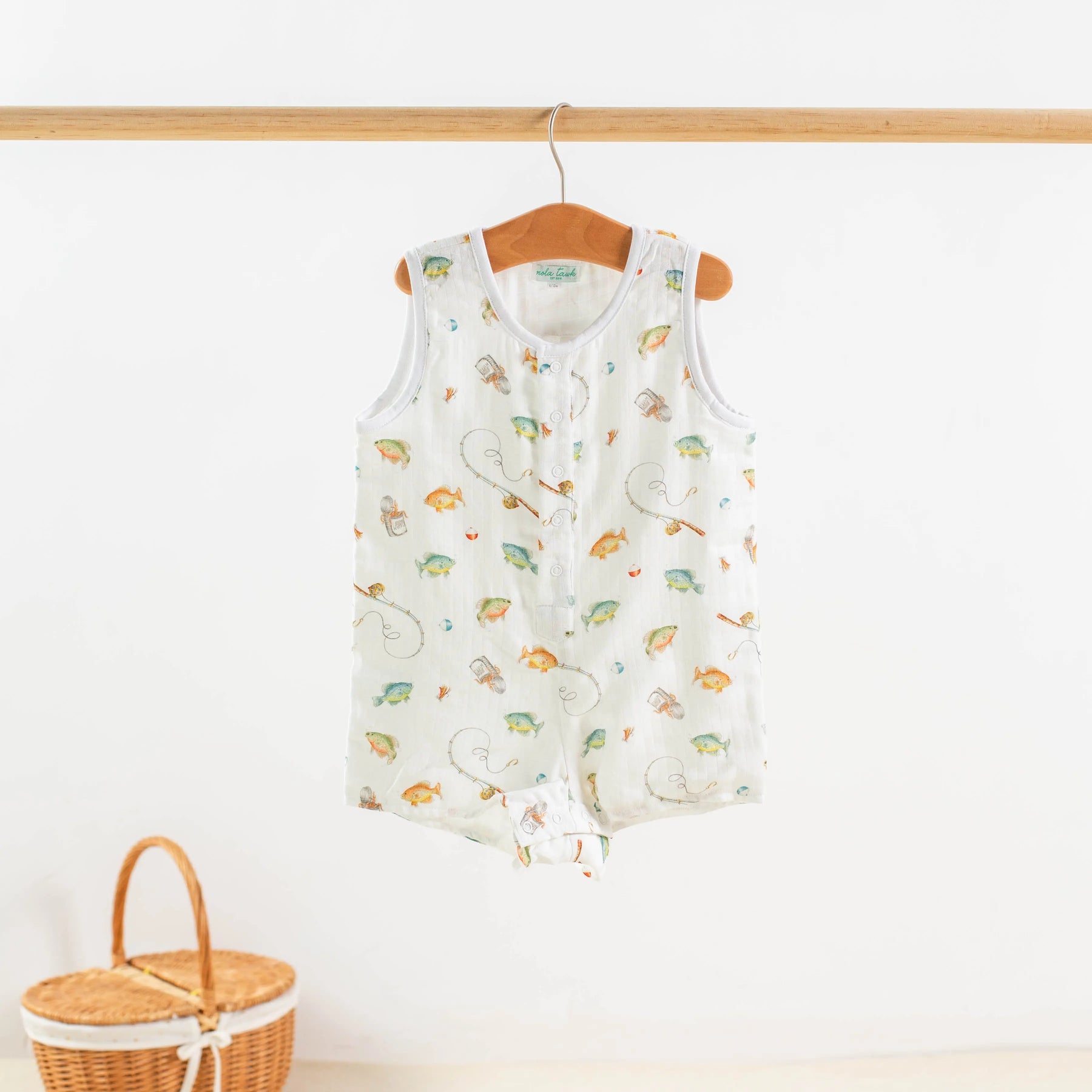 Gone Fishing Organic Muslin Shortalls by Nola Tawk, children's boutique clothing main product photo