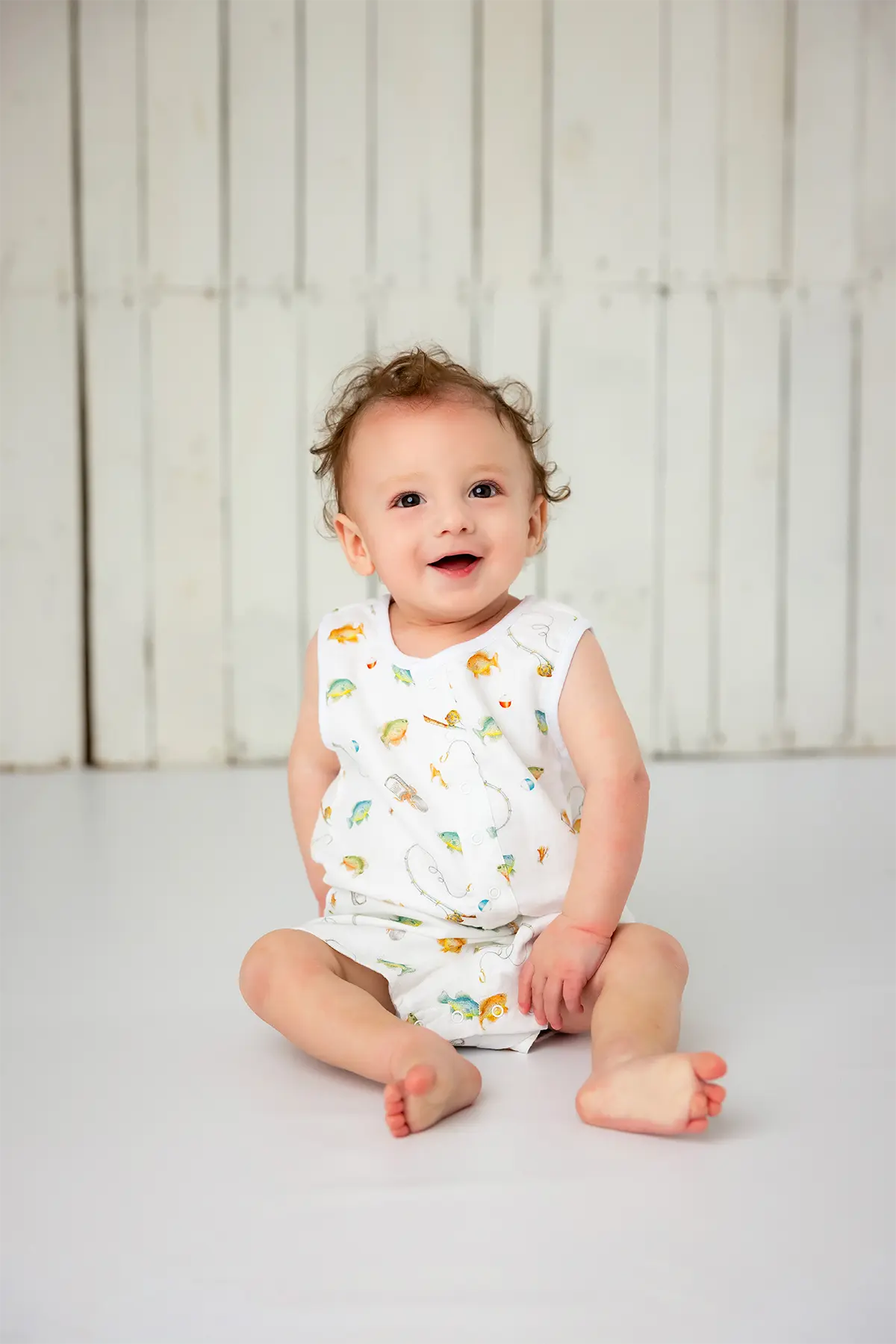 Gone Fishing Organic Muslin Shortalls by Nola Tawk, children's boutique clothing detail photo 3