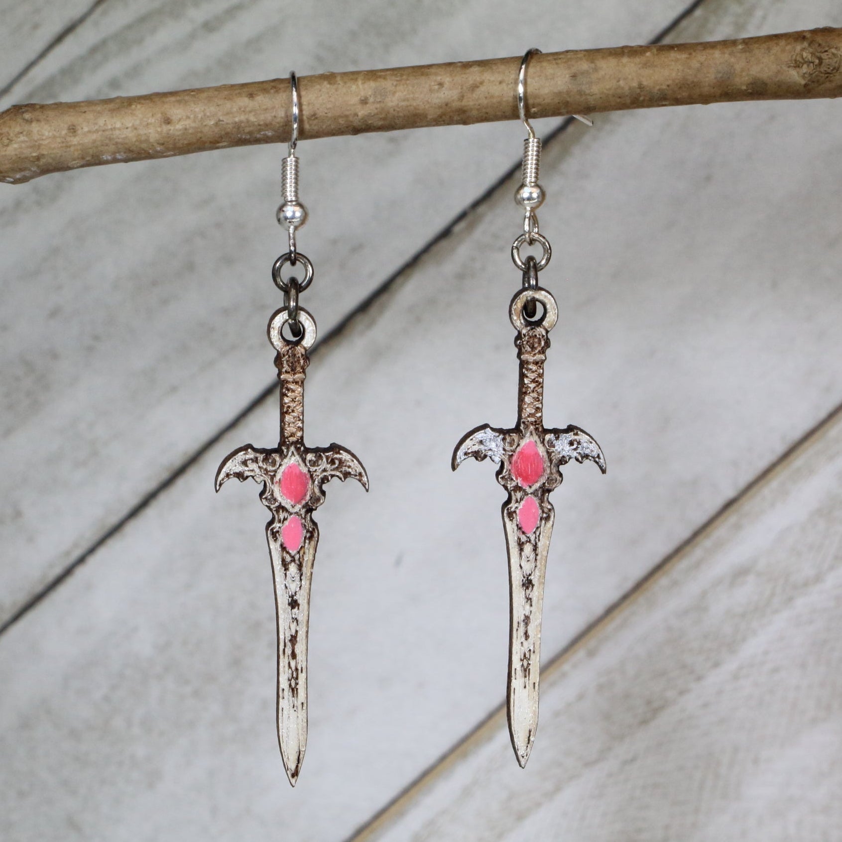 Gothic Sword Wooden Dangle Earrings | Dark Fantasy Jewelry detail view by Cate's Concepts, LLC
