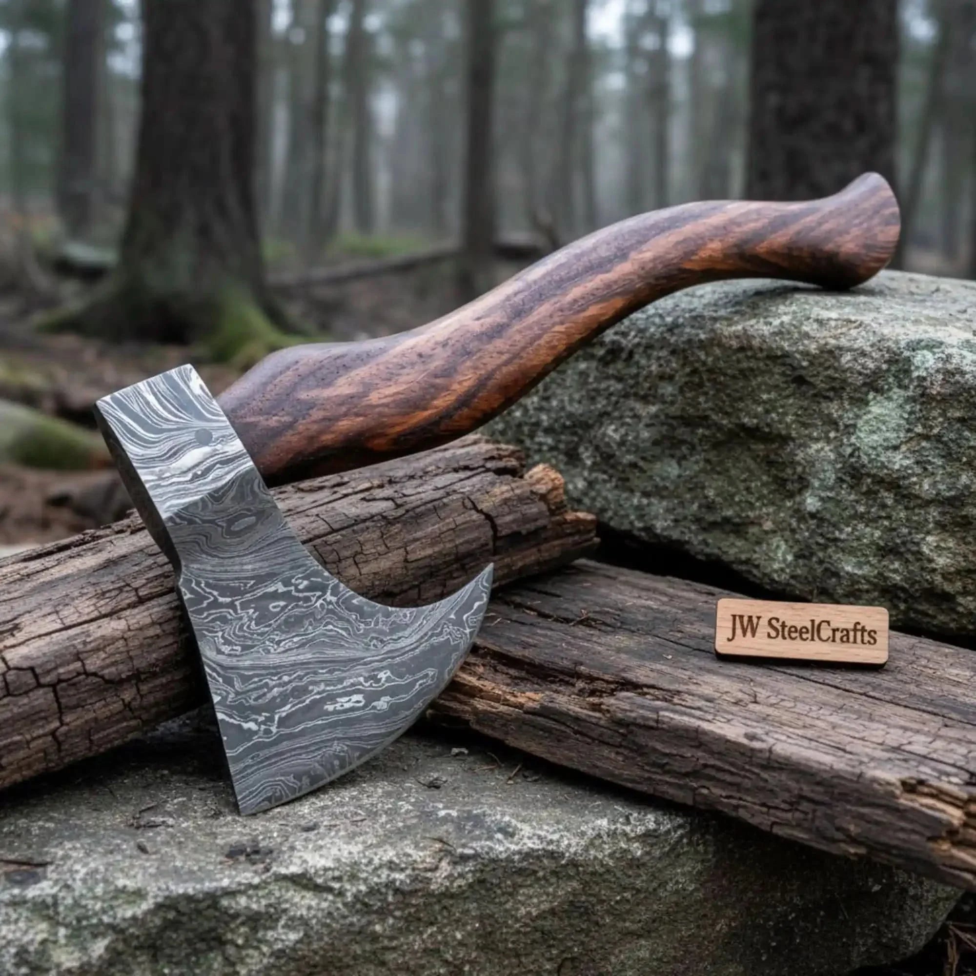 19 Inch Curved Rosewood Damascus Chopping Axe by JW SteelCrafts, Southern handmade gift main product photo