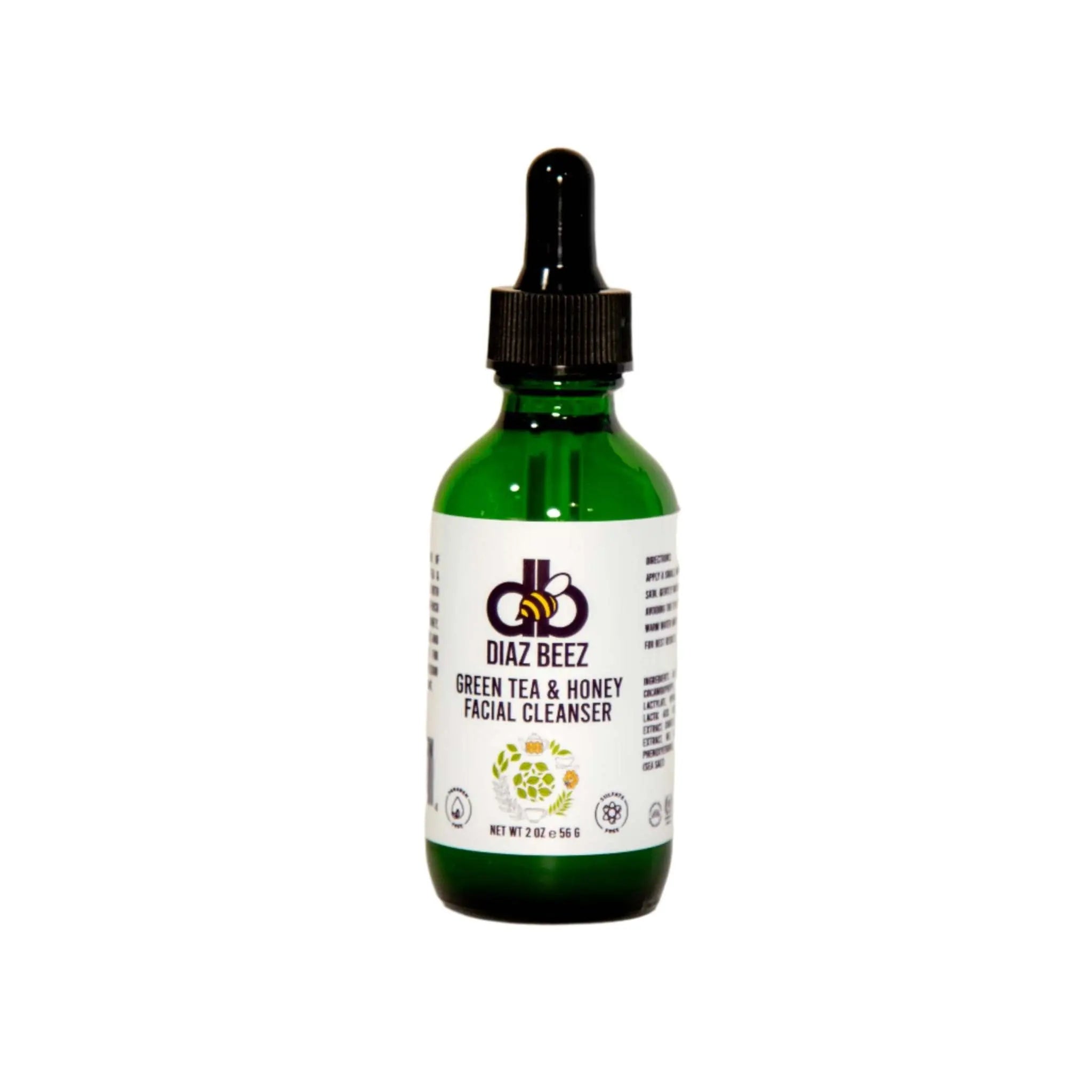 Diaz Beez Green Tea & Honey Facial Cleanser in a green glass bottle with a black dropper.