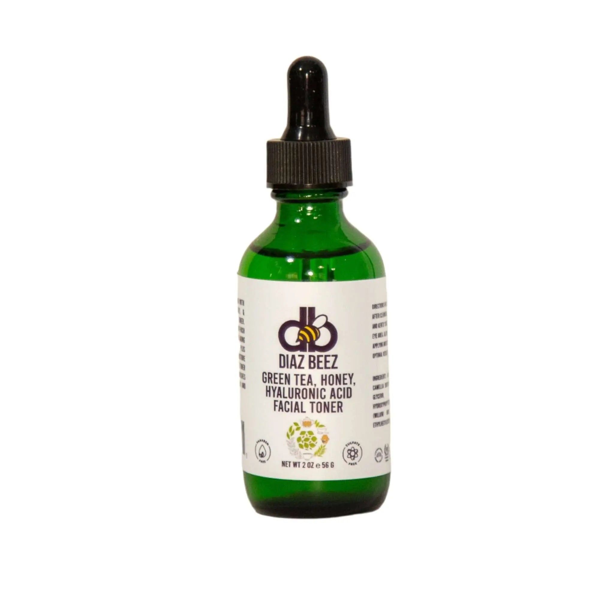 Diaz Beez Green Tea, Honey, & Hyaluronic Acid Facial Toner in a green glass bottle with a dropper.