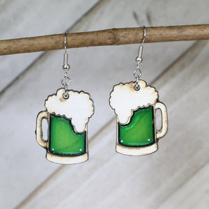Green Beer Mug Wooden Dangle Earrings | St Patrick’s Day Jewelry