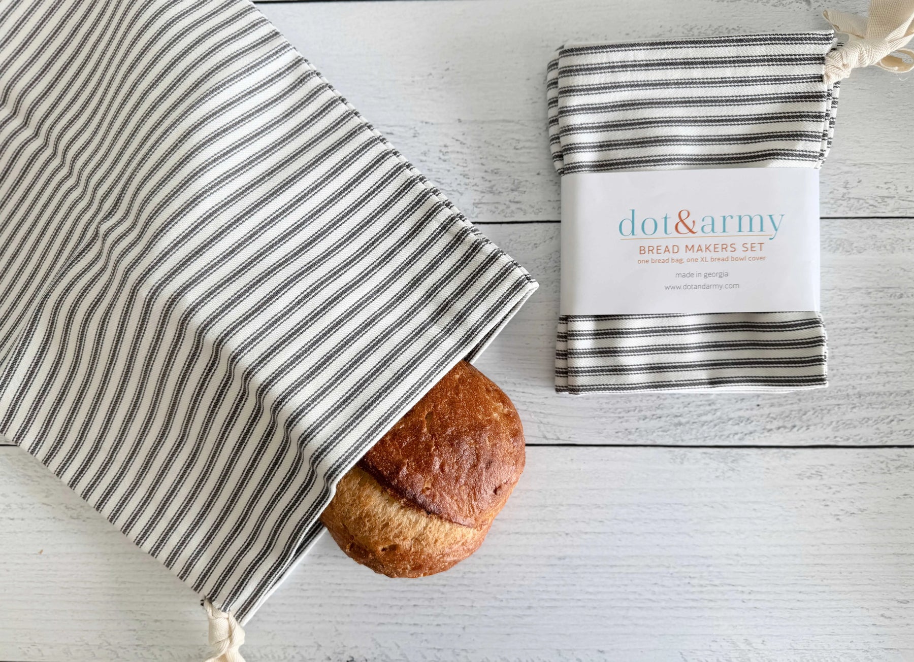 Grey Ticking Stripe Bread Bags, set of two by Dot and Army, handmade leather goods detail photo 2