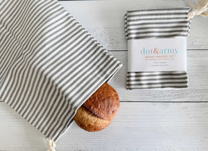 Grey Ticking Stripe Bread Bags, set of two by Dot and Army, handmade leather goods detail photo 2