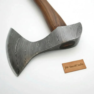 Hand Forged Damascus Steel Viking Axe – True Layered Bearded Axe with Hardwood Handle & Leather Sheath | JW SteelCrafts