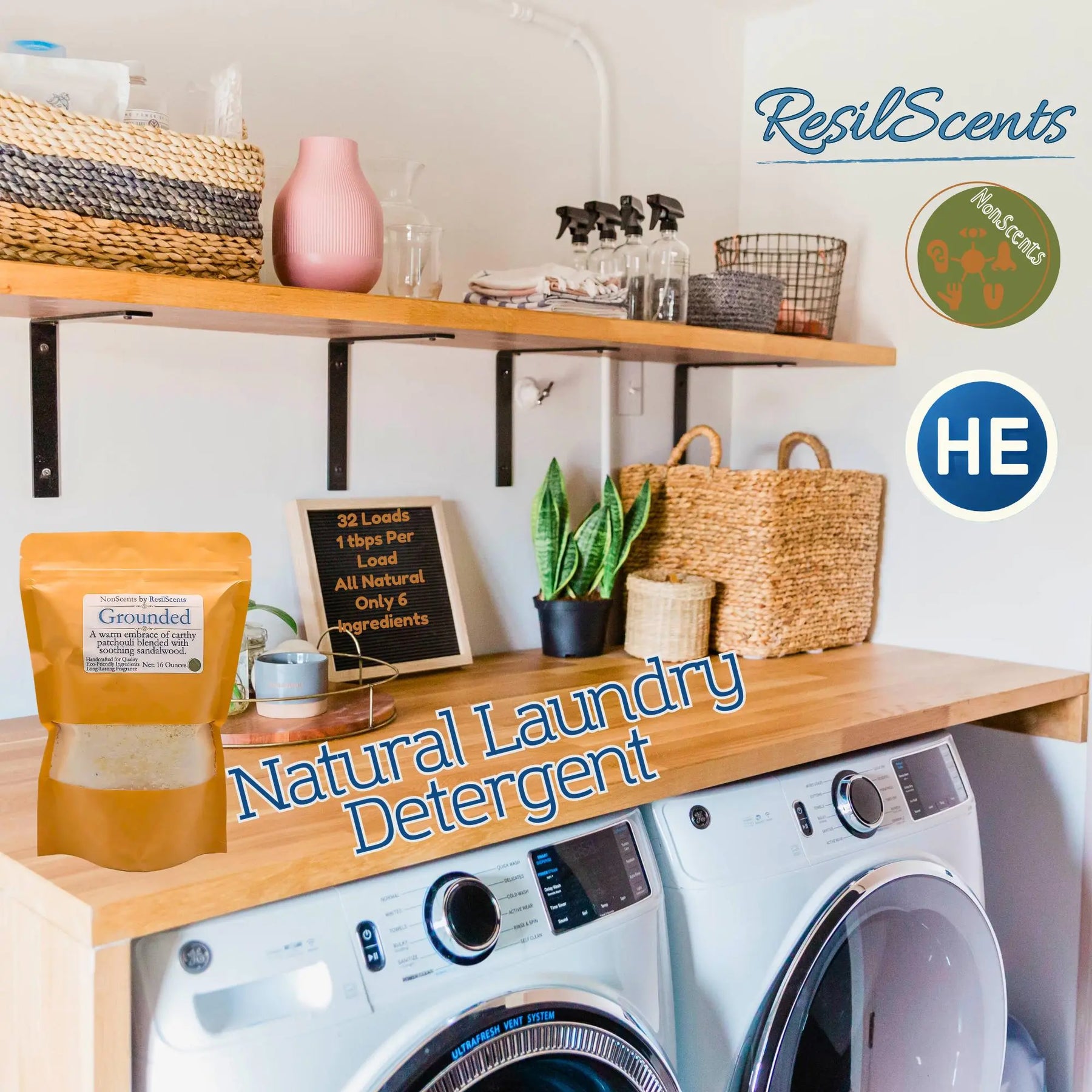 Laundry room with detergent, washer, shelves, and a sign listing ingredients.