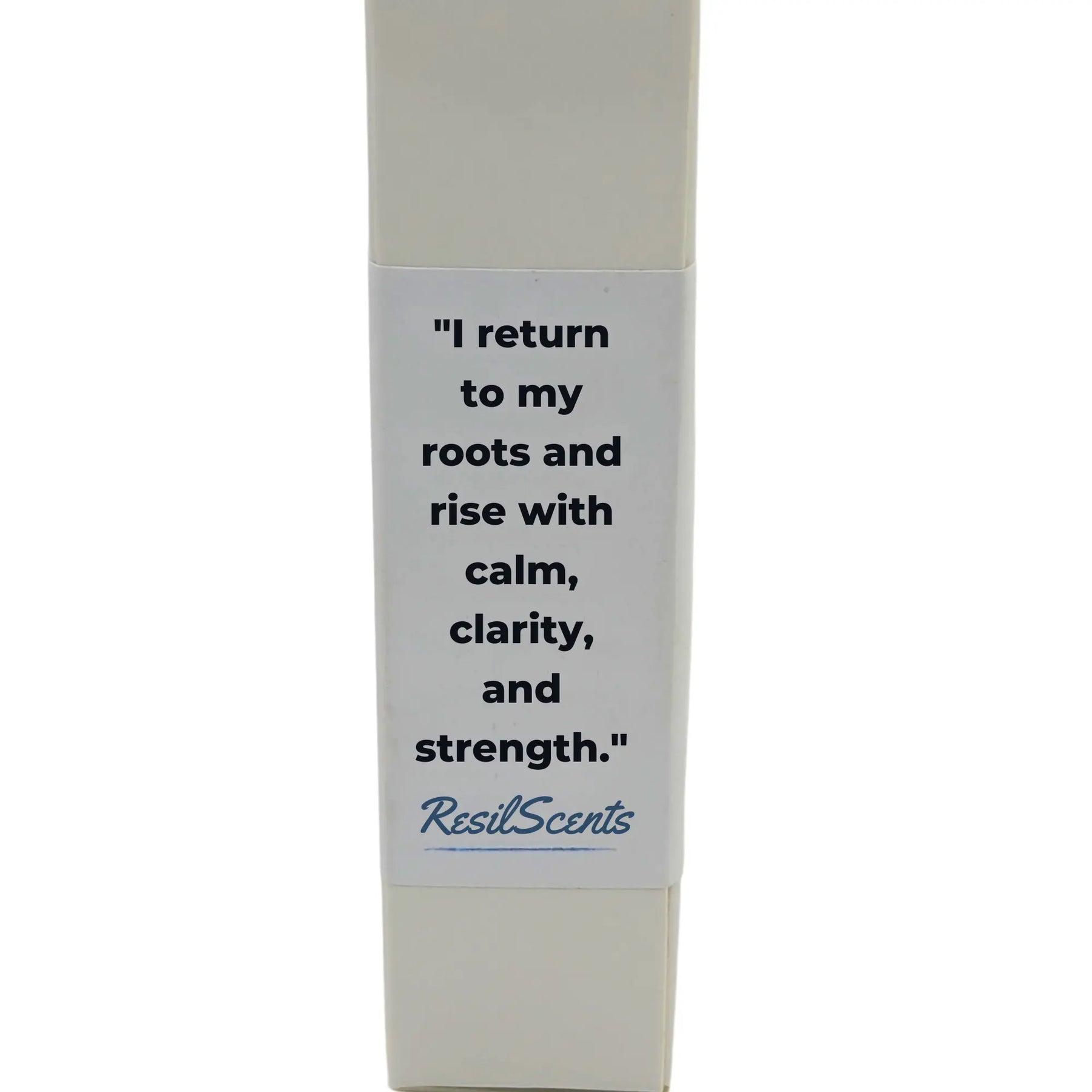 ResilScents GROUNDED roll-on oil package with the quote "I return to my roots..." written on the packaging.