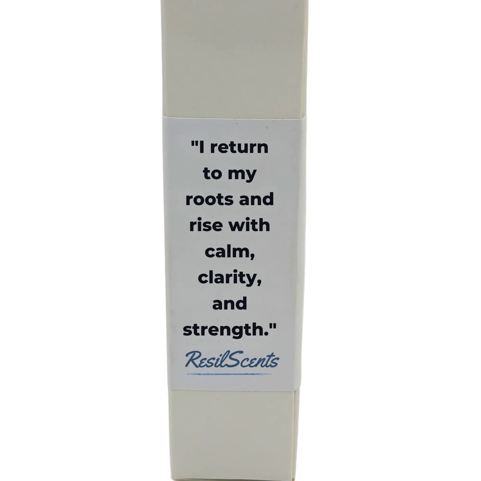 ResilScents GROUNDED roll-on oil package with the quote "I return to my roots..." written on the packaging.