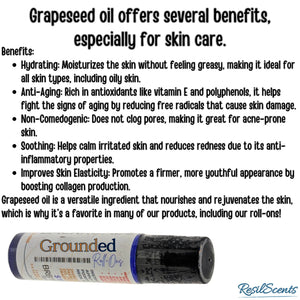 Grapeseed oil roll-on benefits for skin: hydrating, anti-aging, non-comedogenic, soothing, and improves elasticity from ResilScents.