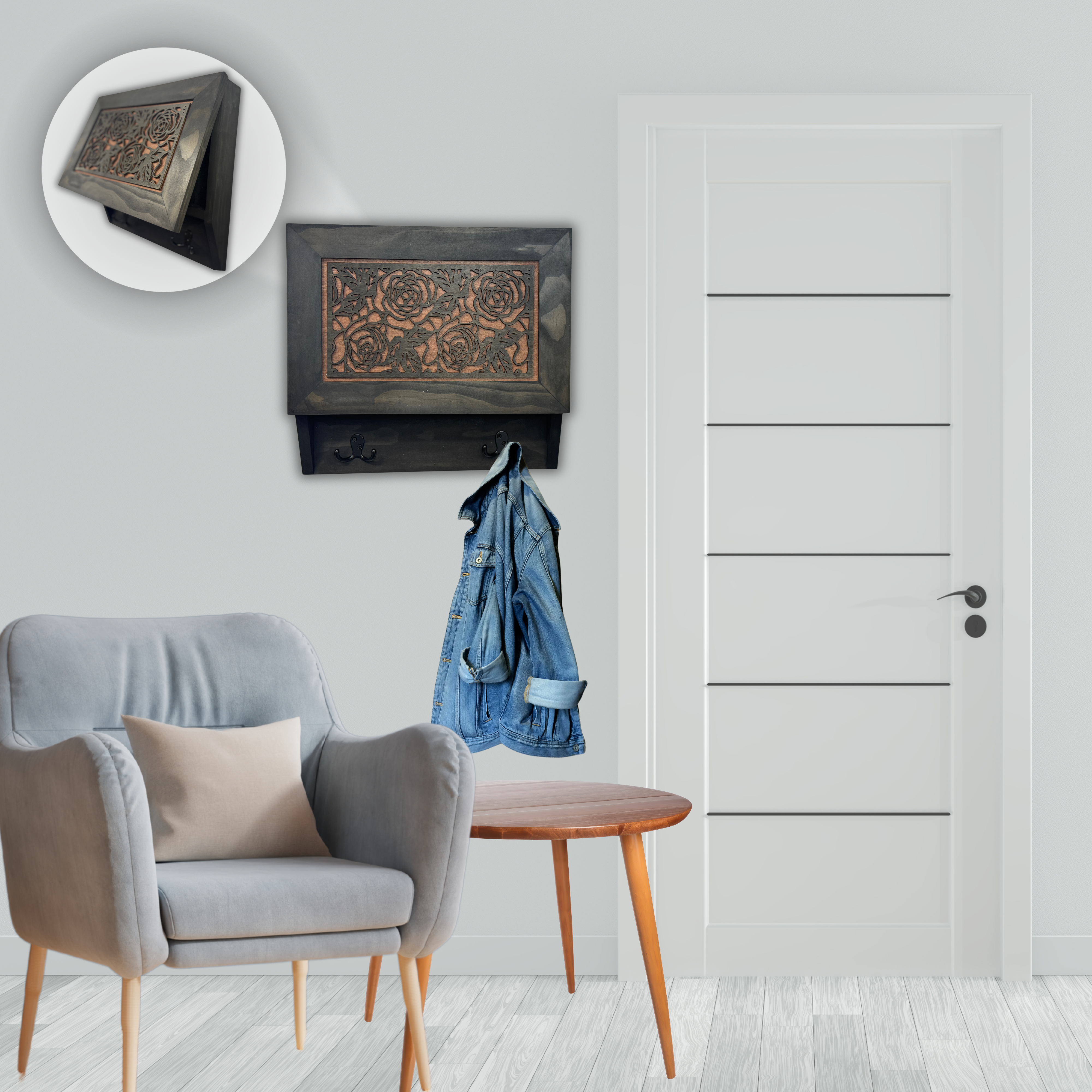 Gun and Roses Hidden Gun Cabinet – Decorative Concealment Coat Rack with Hat & Key Hooks detail view by Bellewood Designs