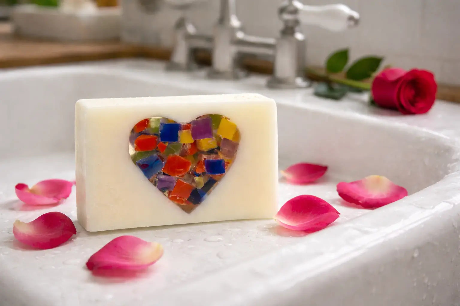 White soap slice with mosaic heart, surrounded by pink rose petals on a wet sink.