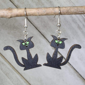 Halloween Black Cat Silhouette Wooden Dangle Earrings | Spooky Jewelry