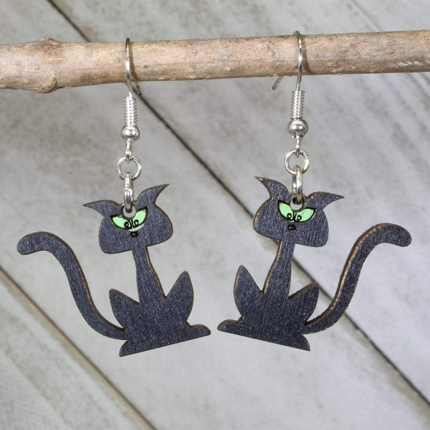 Halloween Black Cat Silhouette Wooden Dangle Earrings | Spooky Jewelry by Cate's Concepts, LLC, handmade jewelry main product photo
