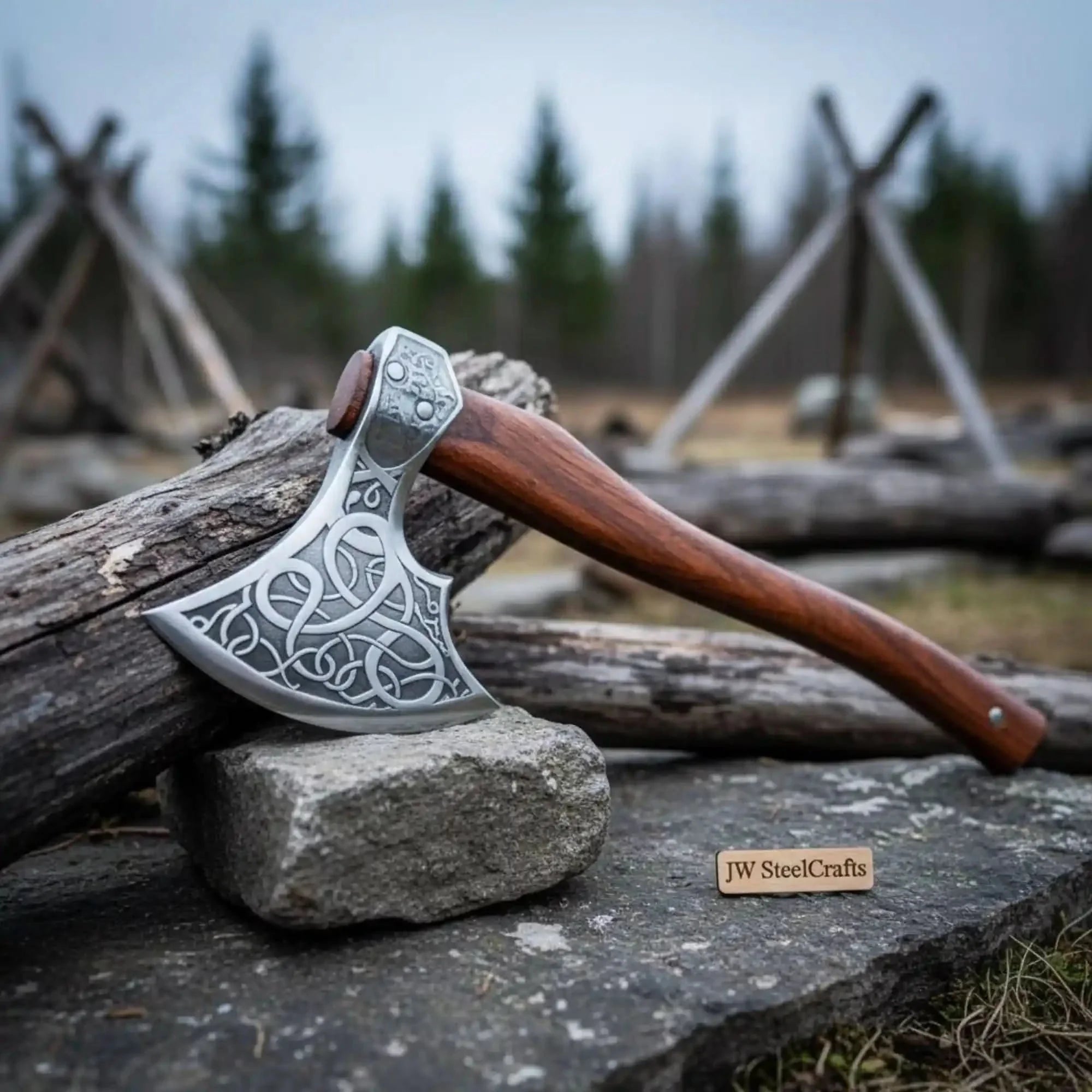 Carbon Steel Viking Bearded Axe – Hand Engraved Norse Skeggøx with Hardwood Handle, Functional Bushcraft and Camping Hatchet | JW SteelCrafts by JW SteelCrafts, Southern